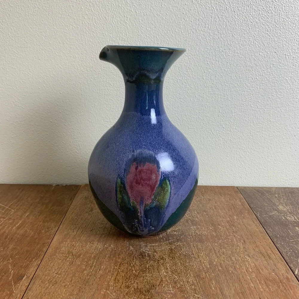 Vintage‎ Handmade Ceramic Green Lavender Blue Floral Glaze Vase SIGNED